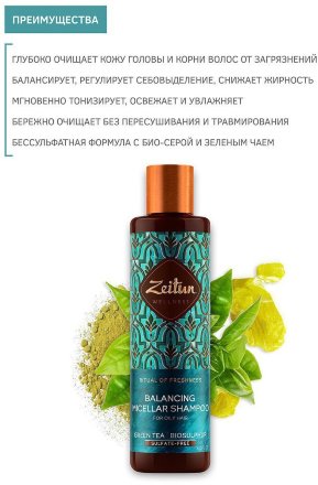 Zeitun / Балансирующий мицеллярный шампунь для жирных волос &quot;Ритуал свежести&quot; с зелёным чаем и био-серой 250 мл