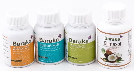 Комплект из 4 товаров от BARAKA: Диабсол, Слимексол, Гарликол, рыбий жир Барака