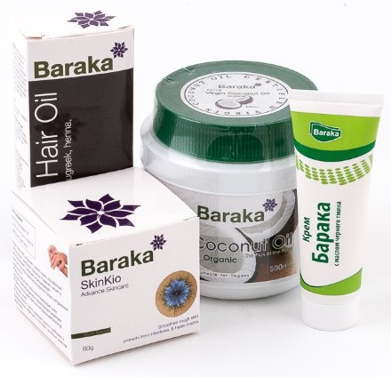 Baraka / Комплект из 4 товаров: кокосовое масло 500 мл, масло для волос 110 мл, крем для рук Skin-kio, крем для тела